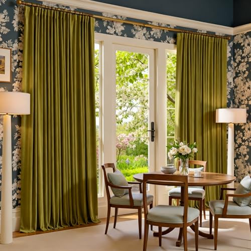 Image of Lazzzy Velvet Blackout Extra Long Curtains Thermal Insulated Room Window Drapes Super Soft Luxury Curtains for Living Room Bedroom Rod Pocket 2 Panels, Golden Olive, 52 inch W x 108 inch L
