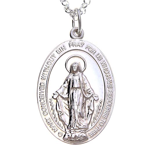 Medalla Grande Pulida De Plata De Ley De La Virgen Milagrosa, Con Cadena 20 Pulgadas - 30 Mm. Medalla Grande Pulida De Plata De Ley De La Virgen Milagrosa, Con Cadena 20 Pulgadas - 30 Mm.