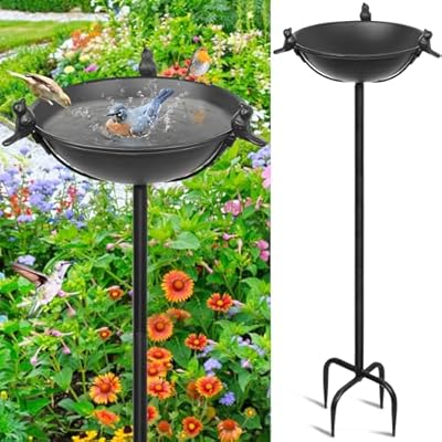 YALINKA 58In Freestanding Birdbaths Bowl Outdoor, Standing Garden Bird Bath Feeder Bowl with 3 Bird Statues, Birdbath & Birdfeeder with Metal Stake Garden Yard Lawn Decor (Black)