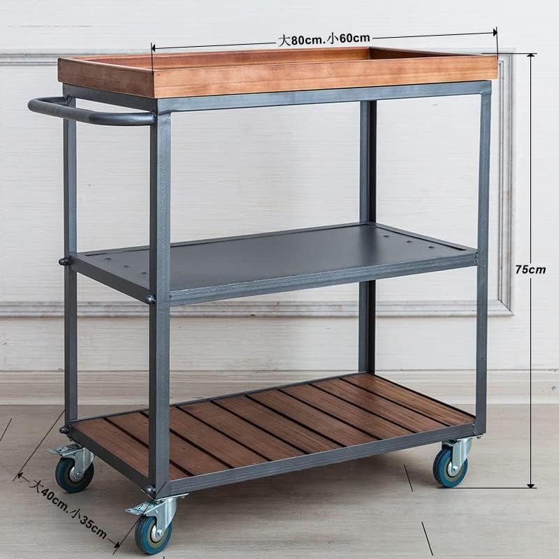 Iron Dining Cart Retro Mobile Cart Side Cabinet Bar KTV Wine Cart Fruit Cart Multifunctional Dining Cart(60 * 35 * 75cm)