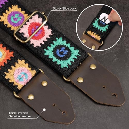 Image of Nefelibata Guitar Strap,Jacquard Embroidery Cotton Guitar Straps with Crazy Horse Leather Ends for Bass, Electric & Acoustic, Best Gifts for Kids, Guitarists(Smiling Black Embroidery)