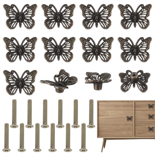 AHANDMAKER Lot de 12 boutons de placard vintage en forme de papillon en bronze antique pour commode, armoire, boîte à bijoux, table de chevet rétro avec vis en fer