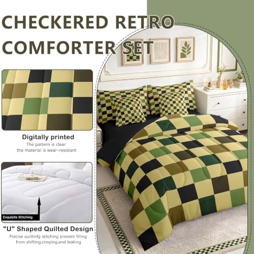 Image of Checkered Retro Comforter Set Twin Size 7 Pieces Hunter Green Plaid Bedding Set for Kids Boys Girls Geometric Camo Army Bed in a Bag Modern Hunting Groovy Aesthetic Bedroom Decor Quilted Lightweight