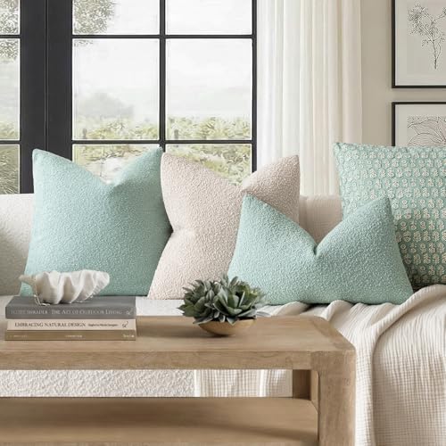 Image of Foindtower Pack of 2, Decorative Textured Boucle Throw Pillow Covers Neutral Accent Solid Pillow Cases Cozy Soft Couch Cushion Case for Chair Sofa Bedroom Living Room Home Decor 22x22 Inch Aqua Blue