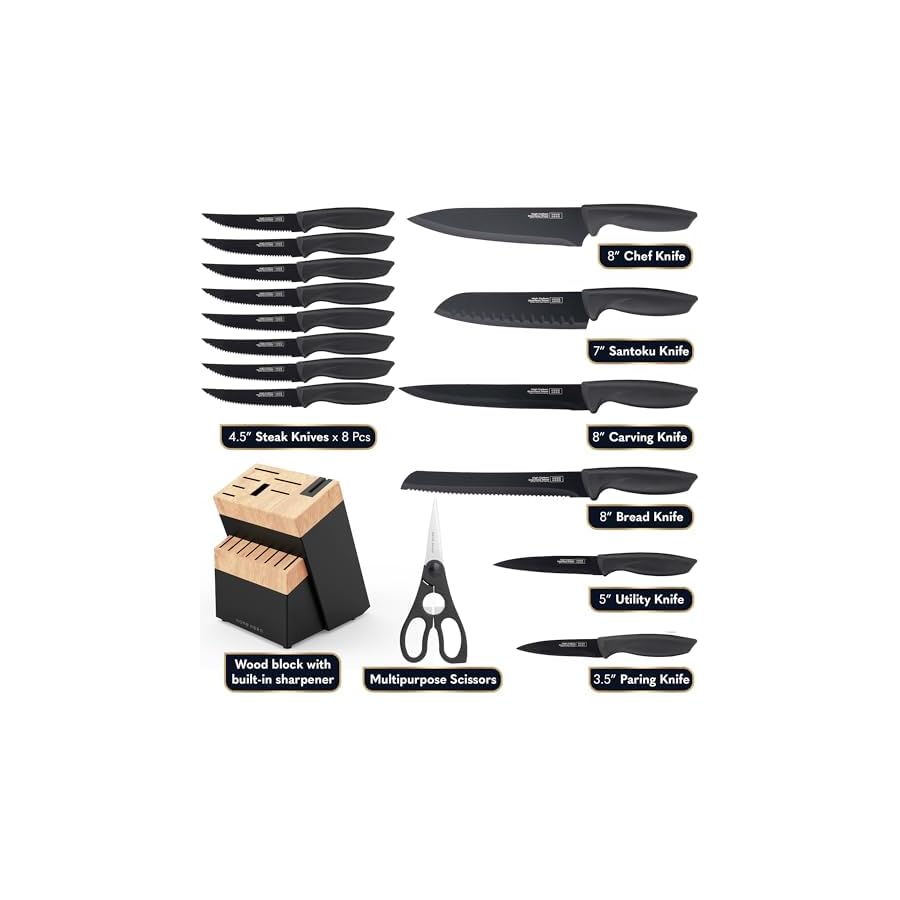Home Hero Kitchen Knife Set with Sharpener - High Carbon Stainless Steel Knife Block Set with Ergonomic Handles (16 Pcs - Black/Wood)