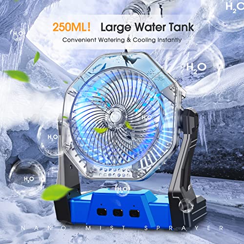 Ausic Misting Fan Portable, Outdoor Fans for Patios, Camping Cooling Fan with Mister, 10000mAh Battery Operated Rechargeable Fans with 250ml Water Tank & Light, Travel Beach Summer Camping Essentials