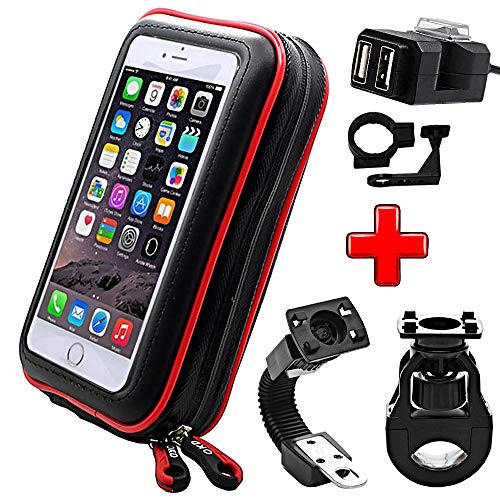 ICOOM Support Téléphone Moto Universel Réglable Double Fixation Guidon Scooter + 2 USB Chargeur Connecteur d'alimentation 5V, Étui Étanche pour GPS, Smartphone Iphone, Samsung (V2-L-USB, Rouge)