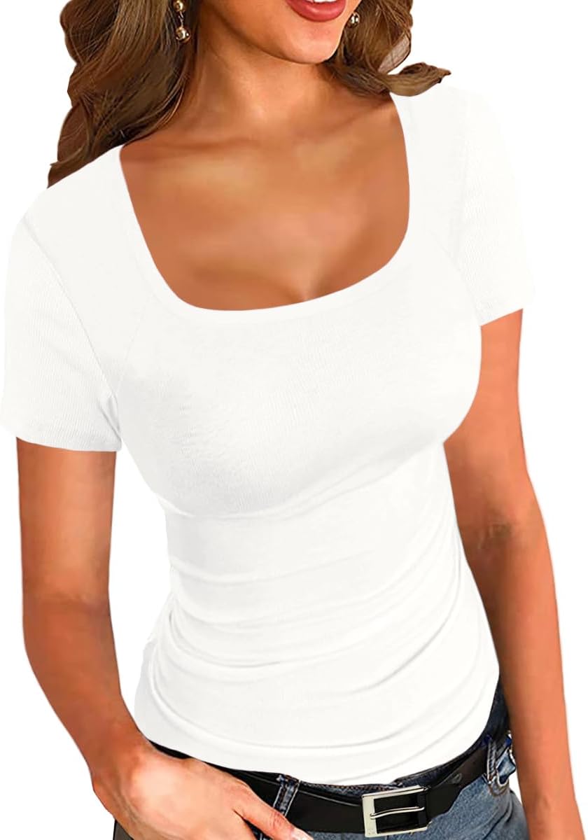 Afibi Women Ribbed Short Sleeve Square Neck Slim Fit Summer Basic T Shirts Tops
