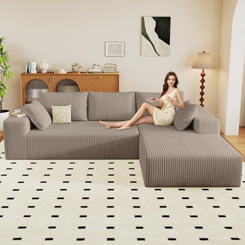 Image of 96 inch Modular Sectional Couch, Boneless L Shaped Cloud Sofa with Chaise Lounge, Corduroy Upholstered Couches Memory Foam Deep Seat, No Assembly Required, Ideal for Living Room(Camel, Right Facing)