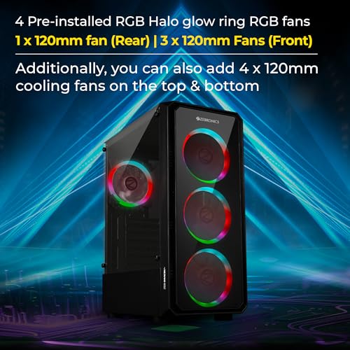 Image of ZEBRONICS Invicta PRO Mid-Tower Premium Gaming Cabinet ATX /mATX /Mini ITX, 3X 120mm Front + 1x 120mm Rear Fan, RGB Halo Glow Ring Fan, Front & Side Tempered Glass Panel