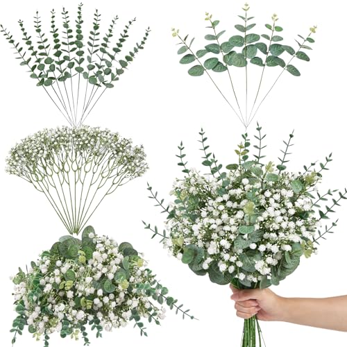 25 tiges d'eucalyptus artificielles Serwalin vertes pour décoration de vase