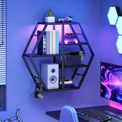 Image of HOOBRO Gaming Floating Shelves with LED Lights, Gaming Wall Mounted Shelf, Hexagonal Display Rack for Wall Storage, Floating Rack with 4 S-Hooks, for Gaming Room, Black BB76DBJ01