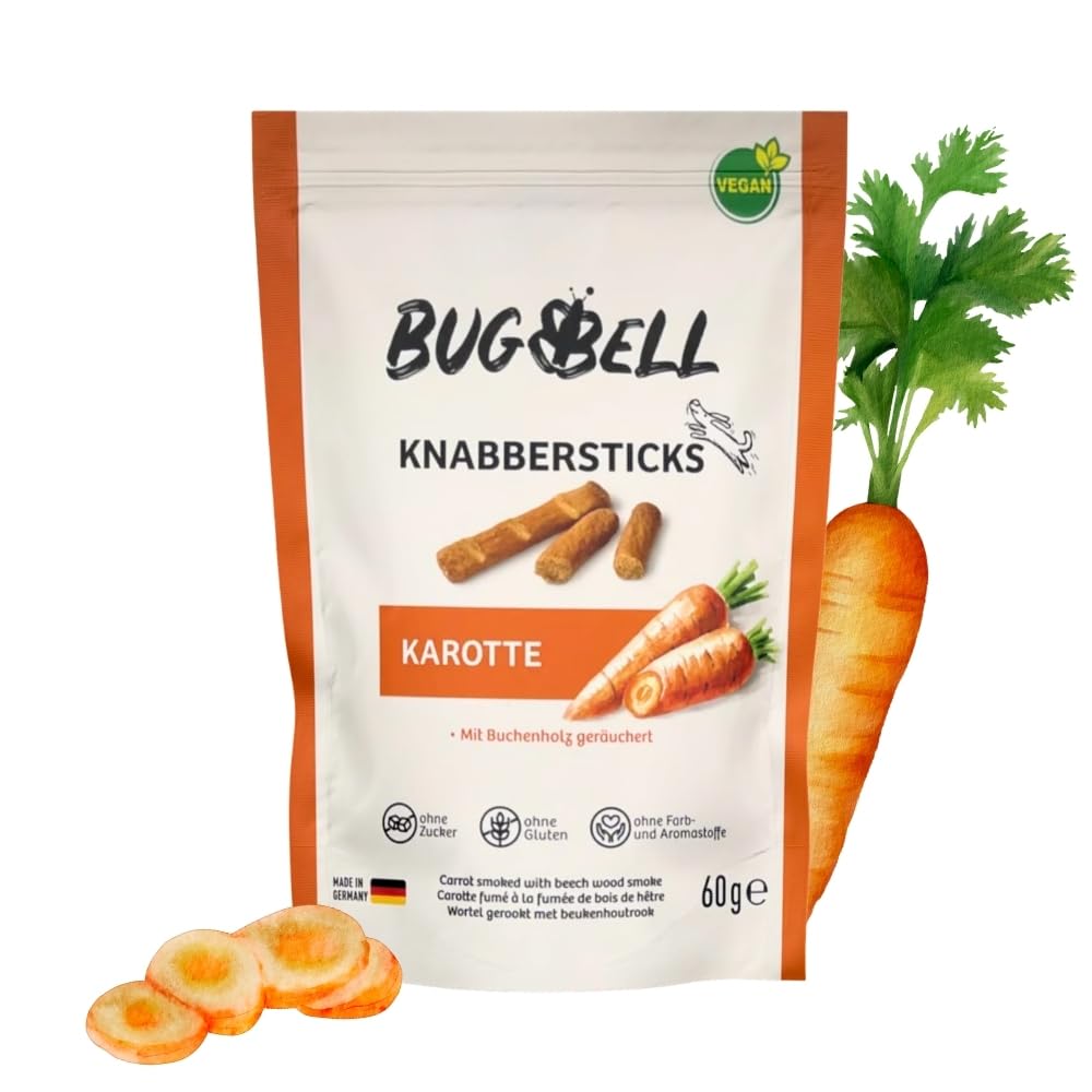 BugBell 60g Knabbersticks Karotte - Soft Hundeleckerli mit sehr wenig Fett - Vegane Hundesnacks ohne Getreide & Zucker - Getreidefreie Kaustangen für Hunde