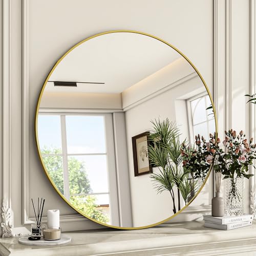 Image of ZENOMIRRIS Round Mirror Wall Mounted Mirror - 24" Gold Circle Mirror Bathroom Vanity Mirror with Aluminum Frame for Bedroom Living Room Entryway Decor