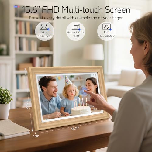 Image of NexFoto 15.6'' Touchscreen Digital Picture Frame, 64GB Wood Electronic Picture Frame, FHD WiFi Digital Photo Frame, Add Photos from Google Photos, Share Videos, for Mom, Christmas /Birthday, Wood