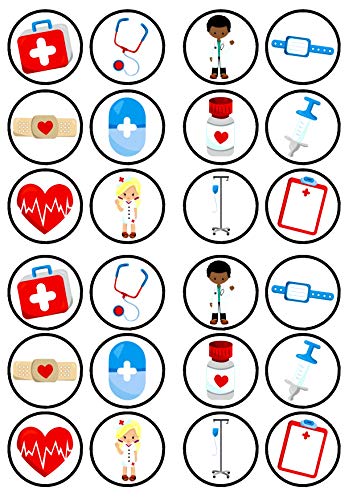 Nurse Edible Cupcake Toppers Mix #5, Hospital Cake Decorations, Doctor Graduation Party Wafer Topper, 24 x 1.5 Inch 4cm Uncut