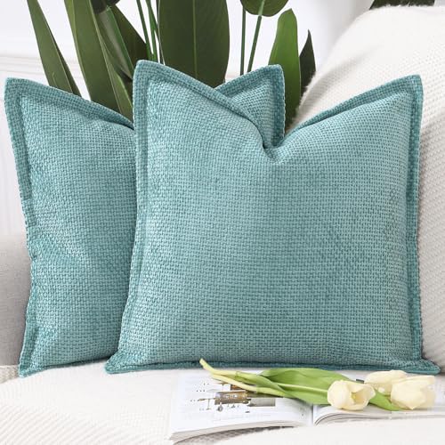 Image of MADIZZ Decorative Chenille Velvet Throw Pillow Covers Set of 2 Soft Boho Textured Neutral Couch Throw Pillow for Bed Modern Farmhouse Home Decor for Sofa Livingroom Turquoise 24x24 Inch Euro Sham
