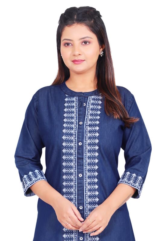 Image of Women's Denim Kurti with White Embroidery, Side Pocket & 3 /4th Sleeves - Casual & Office Wear (Blue K - 684)