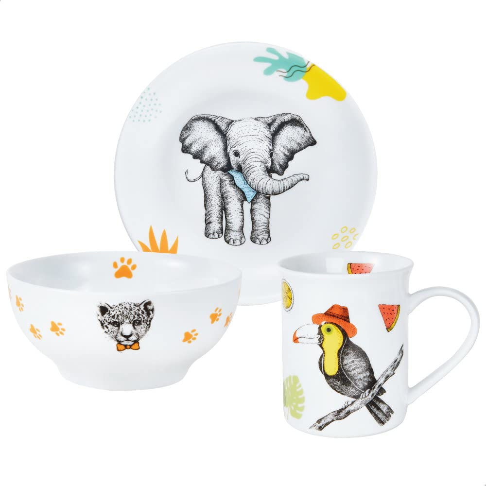 Kinderset Natura Dschungel-Tiere 7tlg. mit Gravur auf der Besteck-Rückseite (z.B. Namen) Kinderbesteck + Kindergeschirr (Teller, Schale, Tasse)