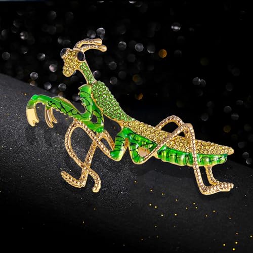 Image of Rhinestone Big Praying Mantis Brooch Pin for Women Men Gold Plated Fashion Green Crystal Long Insect Animal Grasshopper Brooches Scarf Suit Lapel Pins Vintage Creative Dress Accessories Theme Party