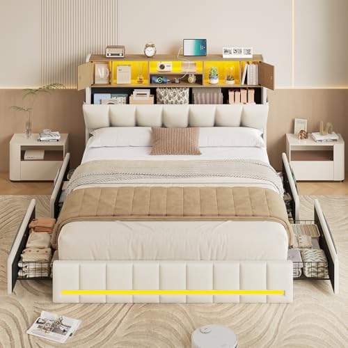 KIMENICH Bett 160x200 cm, Doppelbettgestell, Bett mit LED-Beleuchtung, Polsterbett, 4 Schubladen, Ladestation, Metallrahmen & Holzkopfteil mit Stauraum, für Schlafzimmer, Gästezimmer, Weiß + Natur KIMENICH Bett 160x200 cm, Doppelbettgestell, Bett mit LED-Beleuchtung, Polsterbett, 4 Schubladen, Ladestation, Metallrahmen & Holzkopfteil mit Stauraum, für Schlafzimmer, Gästezimmer, Weiß + Natur