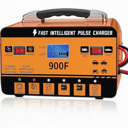 Cargador de batería 12 V 24 V Pulso inteligente – Cargador de reparación automático con modo verano y protección de 6 vías, para coche, camión, moto, scooter y barco