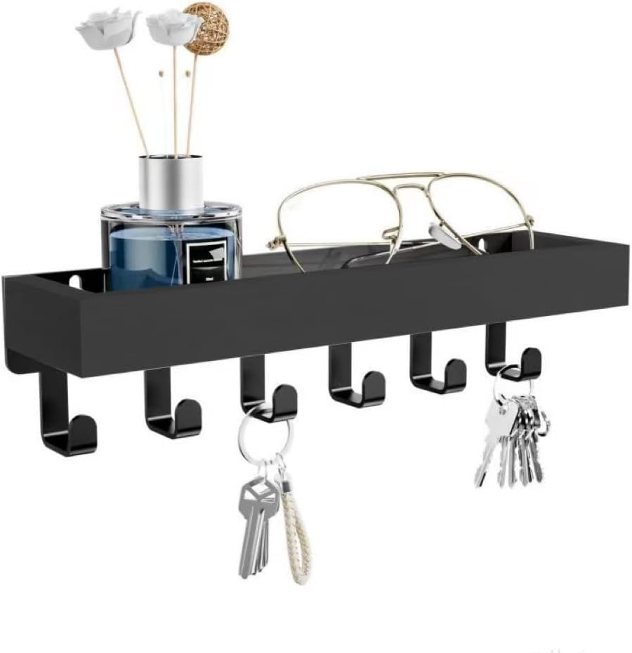 Wall Mounted Key Hanger with Shelves - Decorative Mailing Organizer with Key Hook for Entrance Entrance, Frosted Wood with Mounting Hardware (Black, 9.64" W x 2.36" H x 2.75" L, 6) image 4