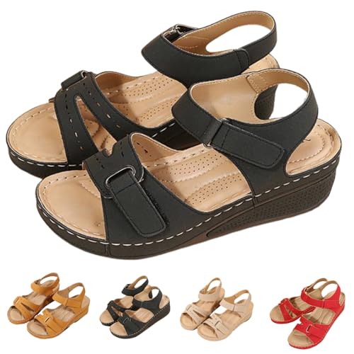 URWEIGH Sandalias Ortopédicas Cómodas Para Mujer,Sandalias Cómodas Correas Ajustables Con Soporte Para El Arco Zapatos Deslizantes De Cuña (Negro,37)