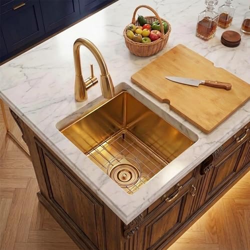 Image of Gold Bar Sink 17 inch X 17 inch,16 Gauge Stainless Steel Undermount Bar & Prep Sinks,Small Bar Sink /RV Sink /Camping Van Sink (Gold, 17 X 17 inch)