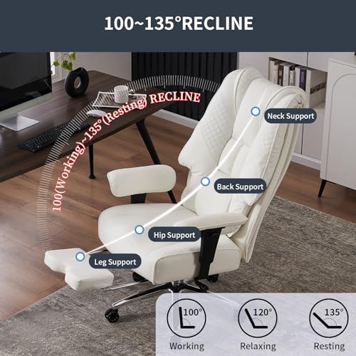 Big and Tall Office Chair 400lbs Wide Seat, Leather High Back Executive Office Chairs with Foot Rest, Ergonomic Lumbar Support for Lower Back Pain Relief (White)