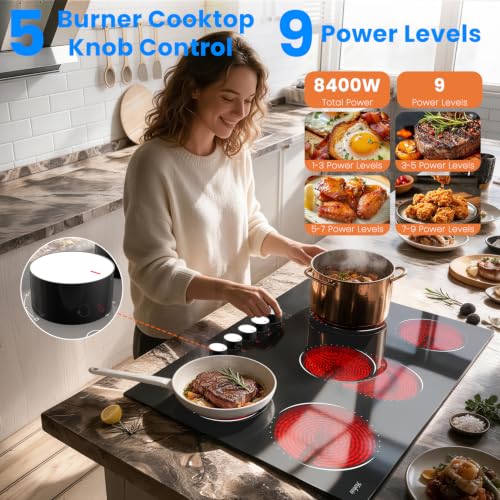 Image of Hobsir 30 Inch Electric Cooktop, 5 Burner 8400W Built-in Stovetop 240V | (29.13 inch x 20.47 inch) Knob & Touch Control, 9 Power Levels, 99-Min Timer, Safety Lock, Tempered Glass, All Cookware Compatible