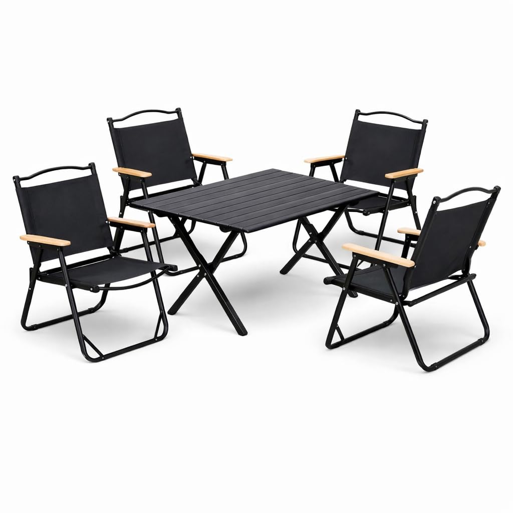 Camping Tisch mit 4 Stühlen Set – 120x60 cm Klapptisch faltbar, 4X Campingstuhl klappbar, Stahlrahmen & Oxford-Gewebe – Outdoor Möbel Set für Camping, Vanlife, Garten, Festival