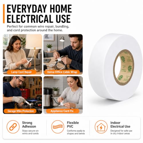 Image of 3 /4 inch x 66ft White Electrical Tape, V-0 Flame Retardant, 600V Rated