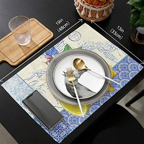 Lemon Fruit Placemats For Dining Table Lemon Flower Cotton Linen Tablemats Blue And White Porcelain Non-Slip Heat Insulation Washable Table Mats, Set Of 6 #TOP5