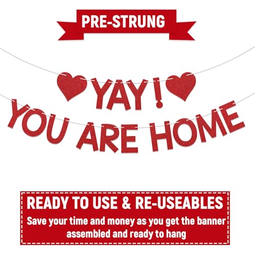 Image of Yay! You're Home! Banner - Welcome Back to Home Sign, Family Reunion Party Bunting Sign, Welcome Home Party Decorations Red Glitter