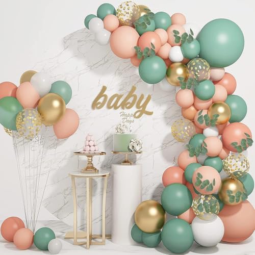 Image of Sage Green Retro Balloon Arch Kit 66 Pcs - Green, Peach, White & Gold Chrome Balloons for Birthday, Baby Shower, Anniversary & Party Decorations of Men Women Boys Girls