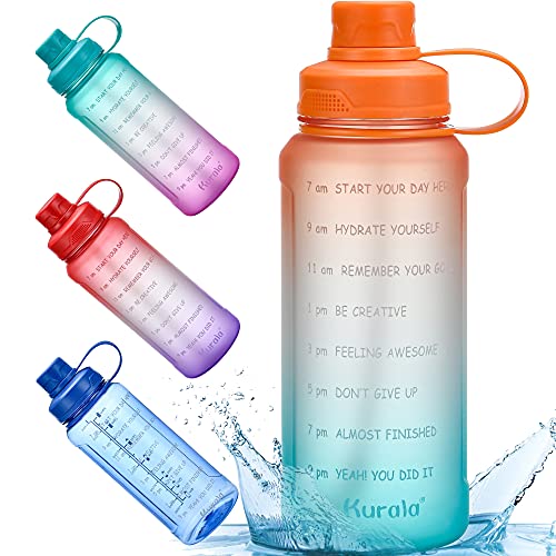 32 oz Motivational Water Bottle with Time Marker Reminder ＆ Straw, Leak-proof No BPA Hydration Sports Daily Water Bottle Jug for Fitness Gym Outdoor Sports Activity (Orange Green Gradient)