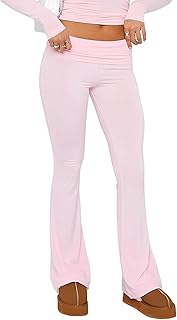 ZPLxi Women's Wide Leg Flare Leggings Foldable High/Low Waist Stretchy Lounge Tummy Control Sweatpants Y2K Foldover Workou...