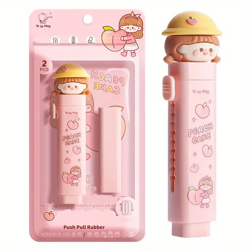 Mayatra's Kawaii Cute Cartoon Erasers - Retractable Erasers for Strudents & Adults - Cartoon Pencil Eraser for Writing, Drawing & Office School Supplies Pack of 1pcs (Multicolor) (PeachCake)
