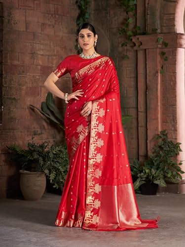 Image of MADHUHANSH Women's Cotton Silk Saree with Unstitched Blouse Piece Zari Weave and Floral Pattern | Heavy Embroidery Saree for Women | Interview Saree for Women | Readymade Blouse with Saree Set