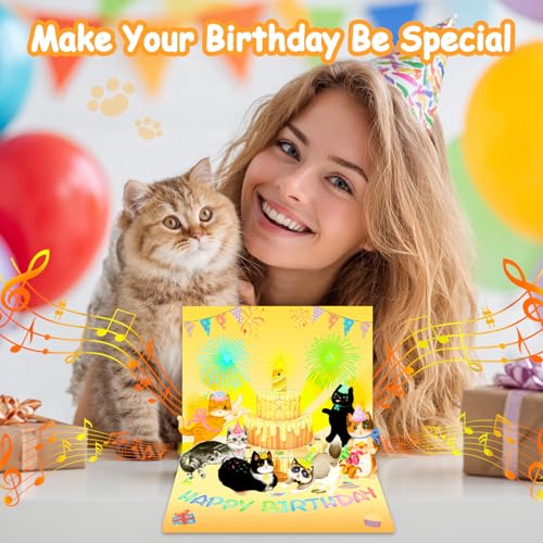 Aleture Happy Birthday Geburtstagskarte, Katzenmusik & Lichter & Blaskerze, 3D Pop up Geburtstagskarten, Geburtstag Geschenke für Frau Männer Freundin