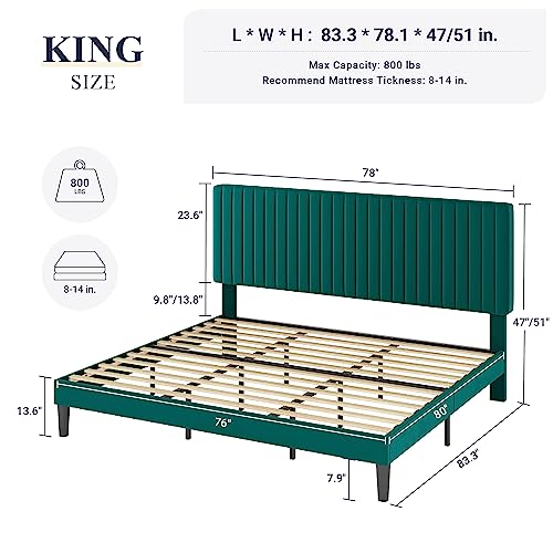 Image of Allewie King Bed Frame, Velvet Upholstered Platform Bed with Adjustable Vertical Channel Tufted Headboard, Mattress Foundation with Strong Wooden Slats, Box Spring Optional, Easy Assembly, Teal