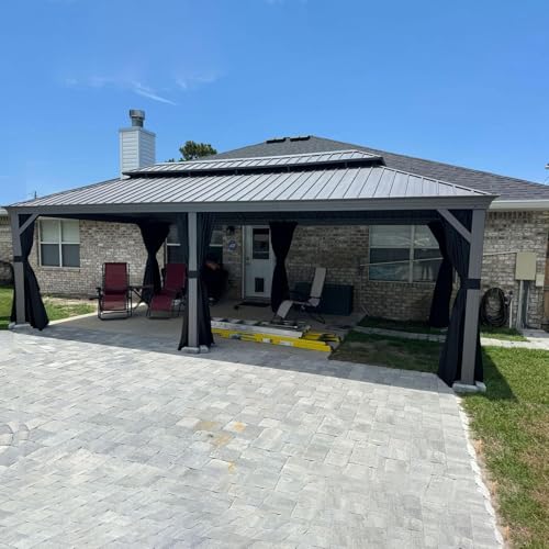 PURPLE LEAF 12' x 24' Outdoor Hardtop Gazebo with Netting and Curtains Galvanized Steel Double Roof and Aluminum Frames Permanent Wind Resistance Pavilion Gazebo for Patio Deck Garden, Light Grey