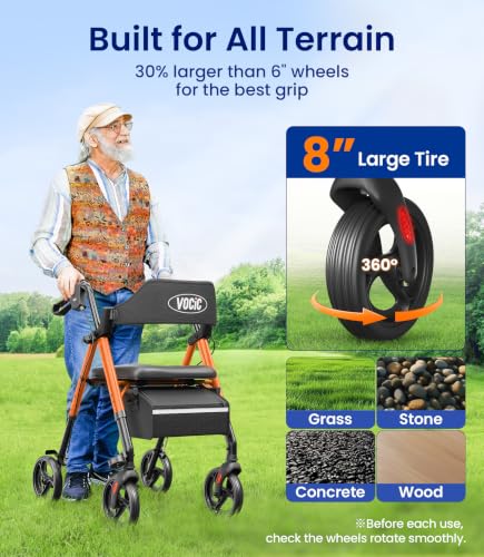 Image of VOCIC Z21 Rollator Walker for Seniors with Seat, 8 inch All Terrain, 350 LBS | Lightweight Foldable & Dual Height Adjustable for Seniors, Ergonomic Arc Seat&6 inch Ultra Backrest Provide Comfort, Orange