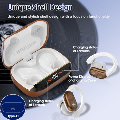 Image of Qecnato Wireless Earbuds Bluetooth Stereo Deep Bass Sports Ear Buds with Earhooks, LED Display Bluetooth Ear Buds with 4 ENC Mic, IP7 Waterproof Earphone, Dark Brown