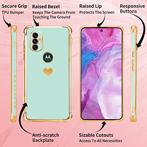 Shorogyt (3In1 Heart Case For Motorola Moto G Power 2022 6.5 Inch Women Cute Aesthetic Love Hearts Pattern Girls Light Blue Gold Luxury Girly Design Phone Cases Cover+Screen+Chain For G Power 2022 #TOP4