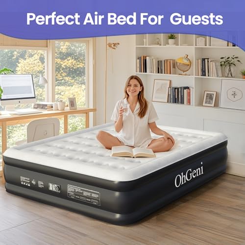 OhGeni Cal King Air Mattress with Built in Pump for Guest, 18\" Tall Inflatable Blow Up Air Bed with Carrying Bag for Camping, Raised Elevated High Airbed, Foldable & Portable Colchon Inflables, Black