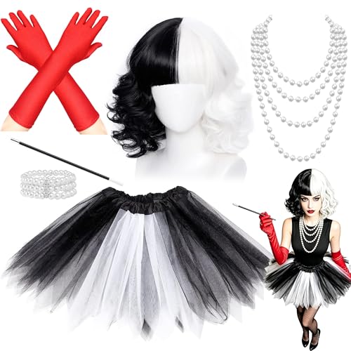 Vervora 7 Pcs Cruella Costume for Women Villain Fancy Dress Acessories Set with Gloves Wig Tutu Skirt Pearl Necklace Bracelet Wig Cap and Handheld Prop for Halloween Carnival Book Day