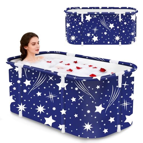 Image of Portable Foldable Adult Bathtub for Home, Large Plastic Soaking Tub with Drain Pipe, Freestanding Spa Bath Tub for Hot & Cold Bath, Balcony & Small Bathroom Use (Star Blue)