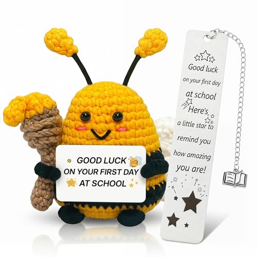 First Day at School Gifts Starting School Gifts 1st Day at School Gift 2 Pcs Good Luck Handmade Crochet Bee Doll & Positive Metal Bookmark First Day at School Gift for Boys Girls